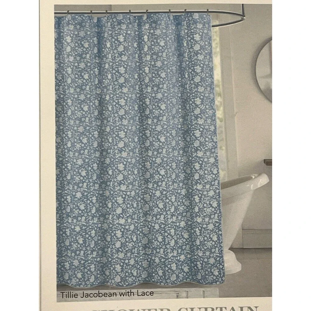 Rachel Ashwell Tillie Jacobean With Lace Fabric Shower Curtain Blue Floral New